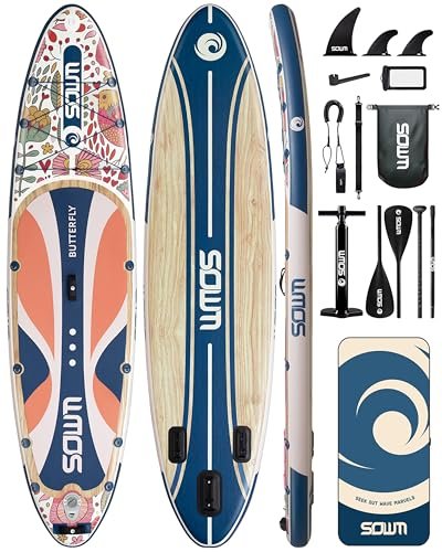 SOWM Planche à pagaie gonflable 11' x 33'' avec accessoires SUP, planche à pagaie debout gonflable pour adultes et jeunes, très large et antidérapante.